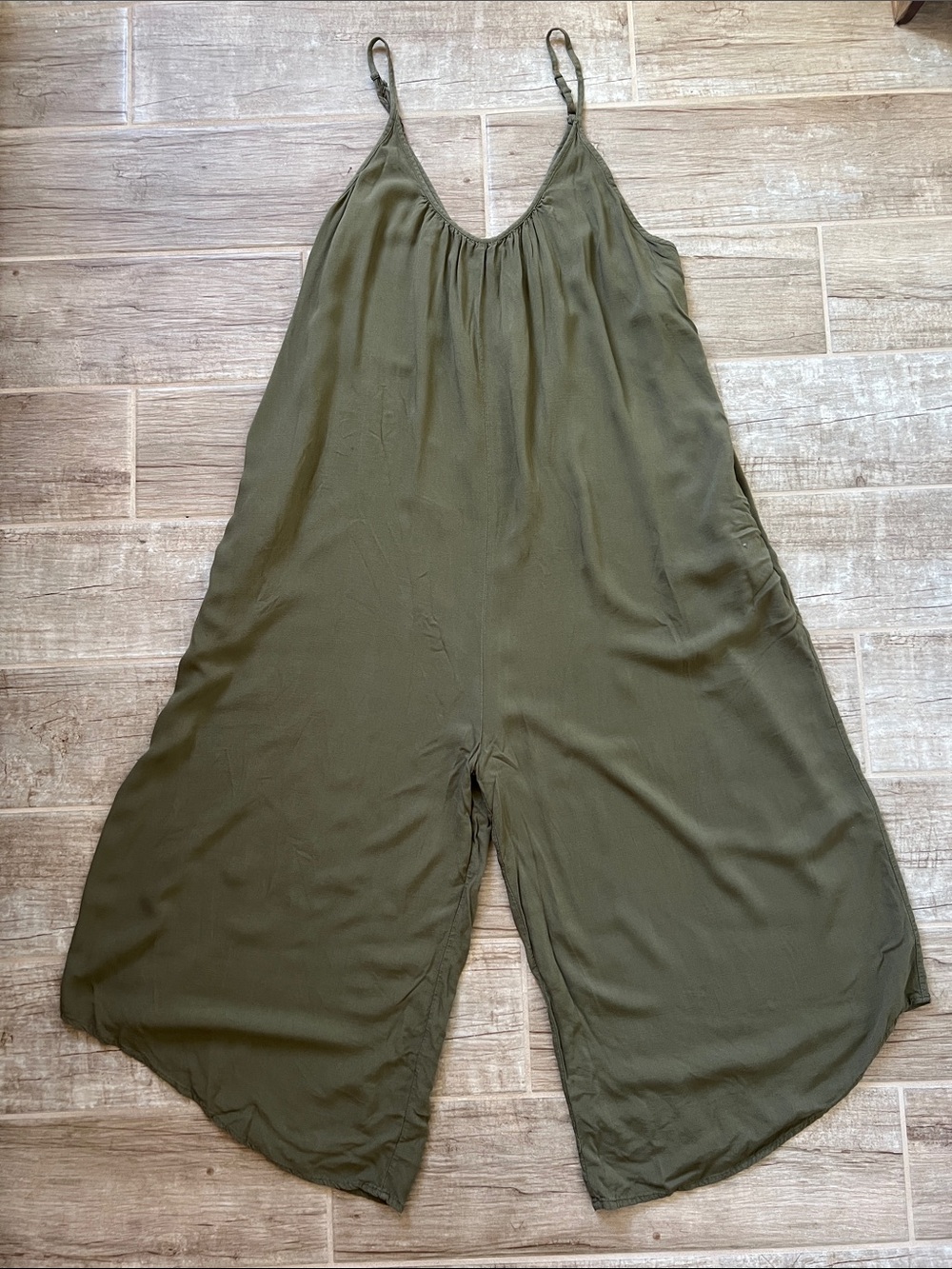 Shinestar Olive Spaghetti-Strap Wide-Leg Jumpsuit